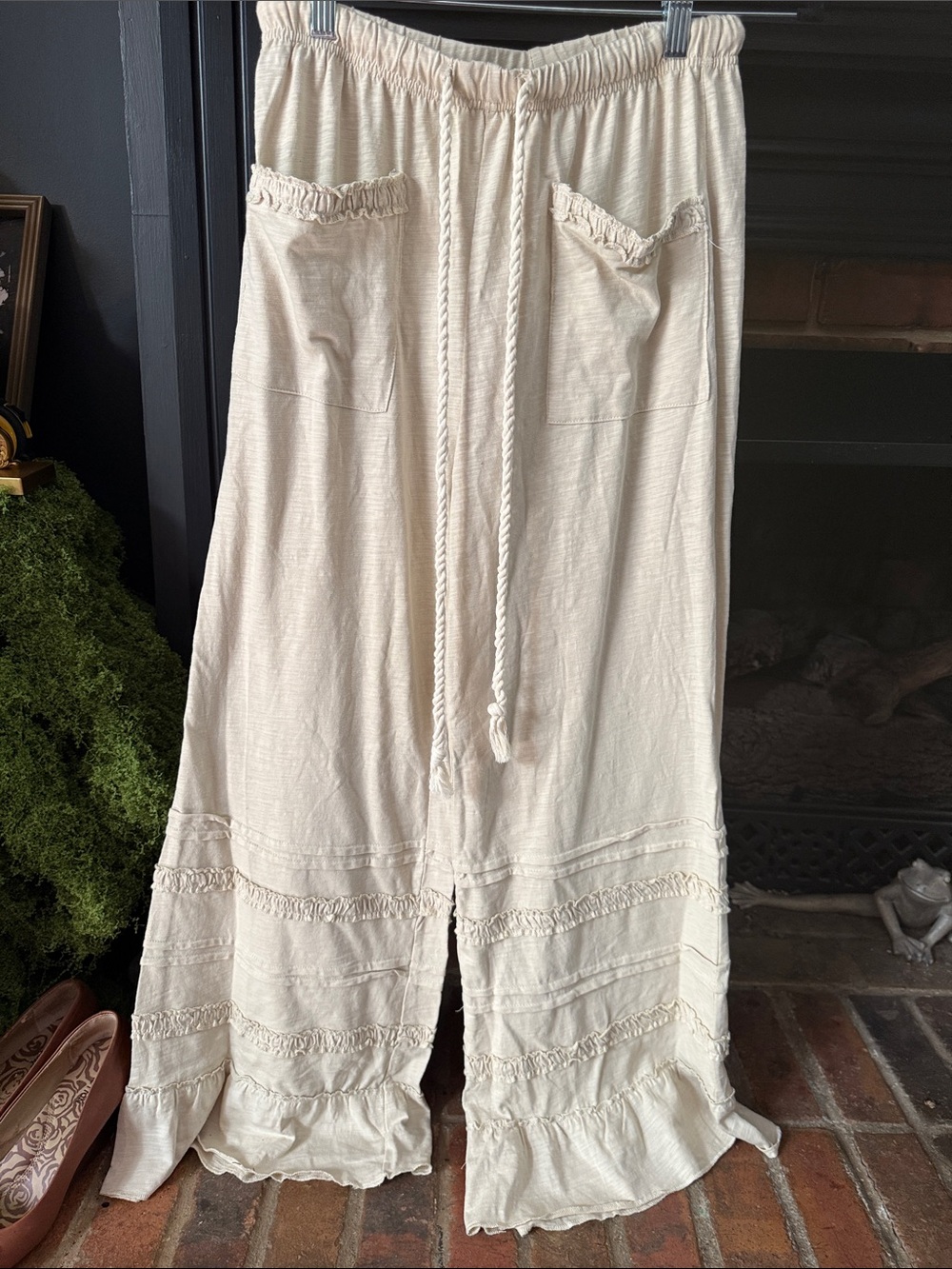 Women's Cream Wide-Leg Drawstring Pants